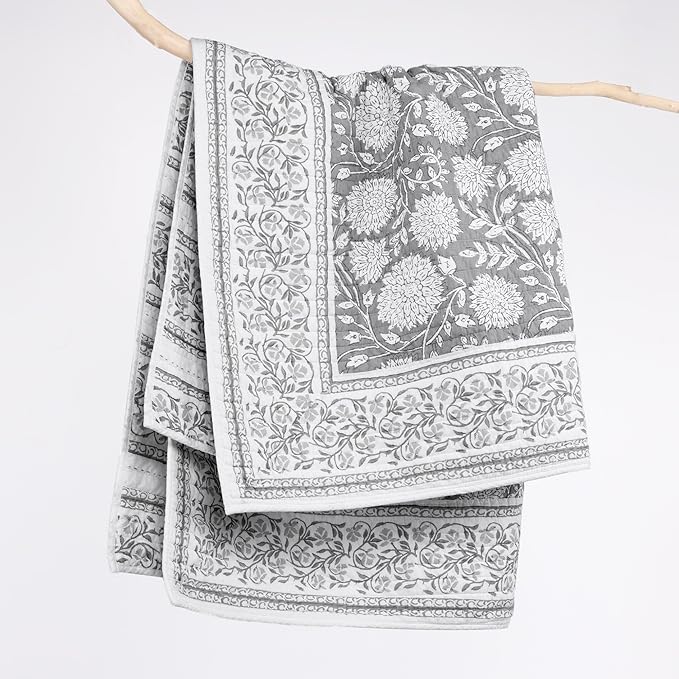 Levtex Home Adare Grey Quilted Throw - (50x60in.) - Floral - Grey White - Reversible - Cotton