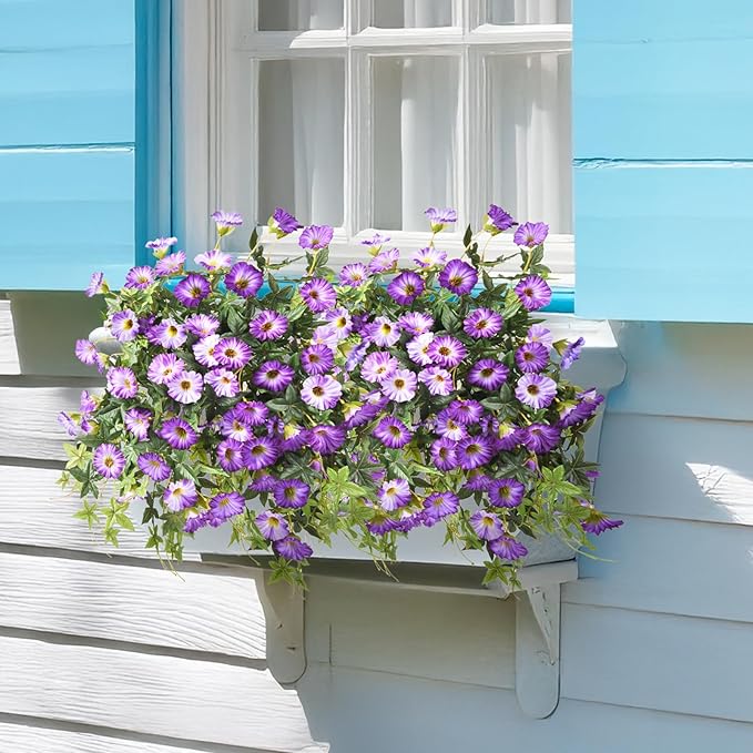 Artificial Fake Flowers Plants for Outdoors Spring Decoration, 2Pcs Faux Petunias with Greenery UV Resistant No Fade, Realistic Silk Flower for Outside Patio Planters Front Porch Window (Purple)