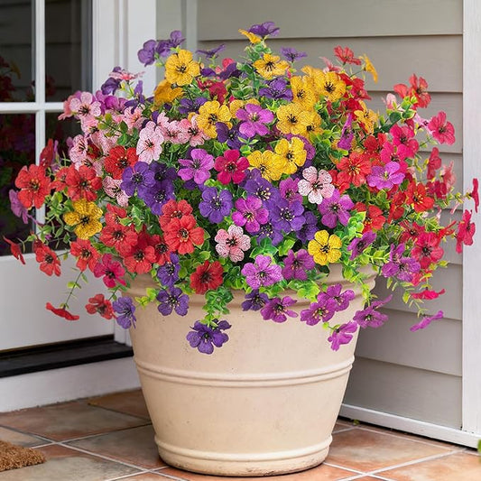 Ammyoo Artificial Flowers for Outdoors Spring Decoration, 12 Bundles Fake Flower Daisy with Realistic Eucalyptus Leaves, Faux Plants for Greenery Boxwood Porch Patio Garden Pot Lawn