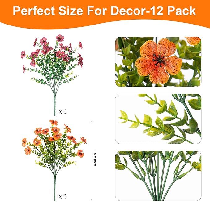 Fall Mums Artificial Flowers for Outdoors Potted, 12 Bundles Fake Fall Daisy Flower with Realistic Eucalyptus Leaves, Fake Plants for Greenery Boxwood Porch Patio Garden Pot Courtyard(Orange Brown)