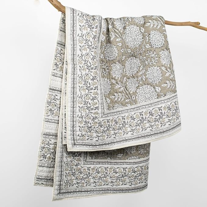 Levtex Home - Adare Taupe - Throw - Bordered Floral - Taupe, Grey and Cream -Quilted Throw (50x60in.) - Cotton