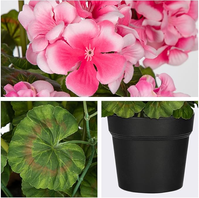 Briful Artificial Geranium Potted Plant – 16” Tall, Realistic Silk Flowers with Vibrant Green Leaves, Pink White Geraniums Fake Flowers for Outdoors Home Décor, Wedding Farmhouse Office Tables Decor