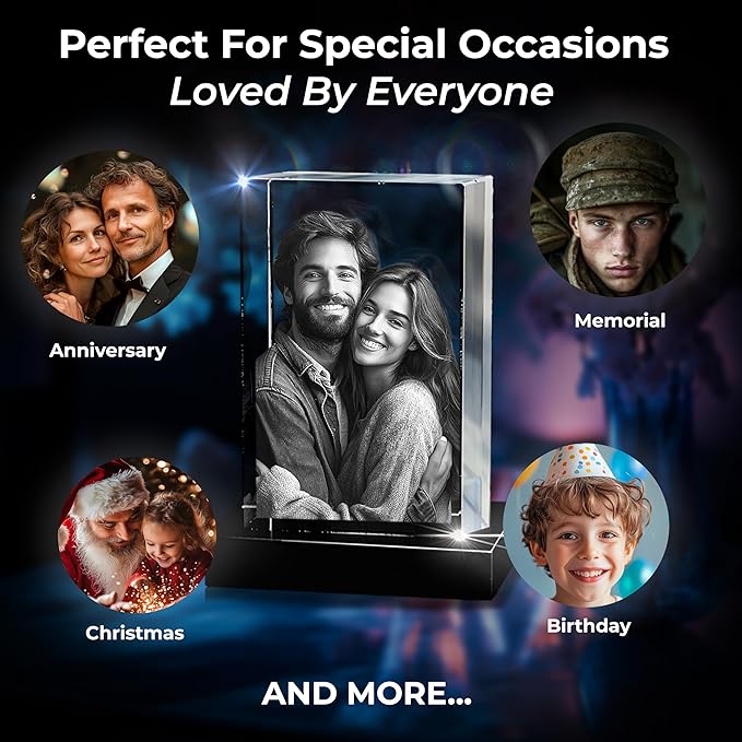 3D innovation Premium 3D Crystal Photo with LED Light Base, Personalized Memorial Gifts for Mom, Dad, Wife, Men, Pets, Rectangle Laser Etched Crystal, Sympathy Gifts for Loss of Loved One