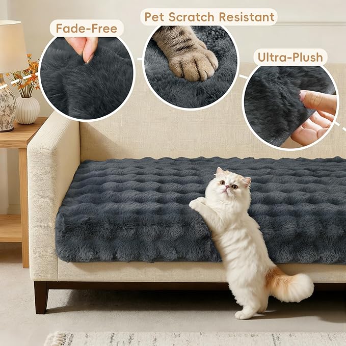 Arfntevss Couch Cover for Dogs Plush Washable Sofa Covers for 3 Cushion Couch Pet Friendly Fuzzy Faux Fur Sofa Slipcovers 3 Seat Anti-Slip Sectional Furniture Protector (Velvety Gray, 35.5" x 83")