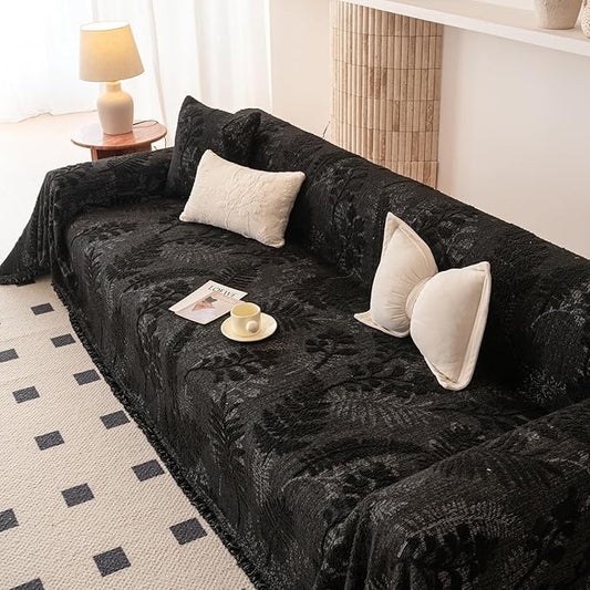 HANDONTIME Washable Couch Covers for Sofa Boho Couch Covers for 3 Cushion Sofa Pet Friendly Black Chenille Jacquard Couch Protector for Dogs Plant Branch Sectional Cover Sofa Slipcovers, 71" X 150"