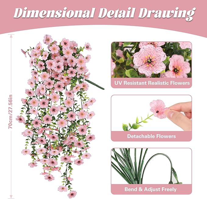 AmberFun Artificial Hanging Flowers for Outdoors, UV Resistant 2PCS Fake Silk Flowers for Outside, Realistic Faux Plants for Hanging Baskets, Planters - Porch, Patio, Yard Décor (Pink)