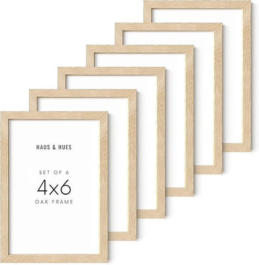 HAUS AND HUES Beige Oak Wood 4x6 Picture Frames - Modern Wood Wall Art Display - Lightweight 4x6 Frames for Art Prints, Photos, Posters - Ready-to-Hang Vertically & Horizontally (Set of 6)
