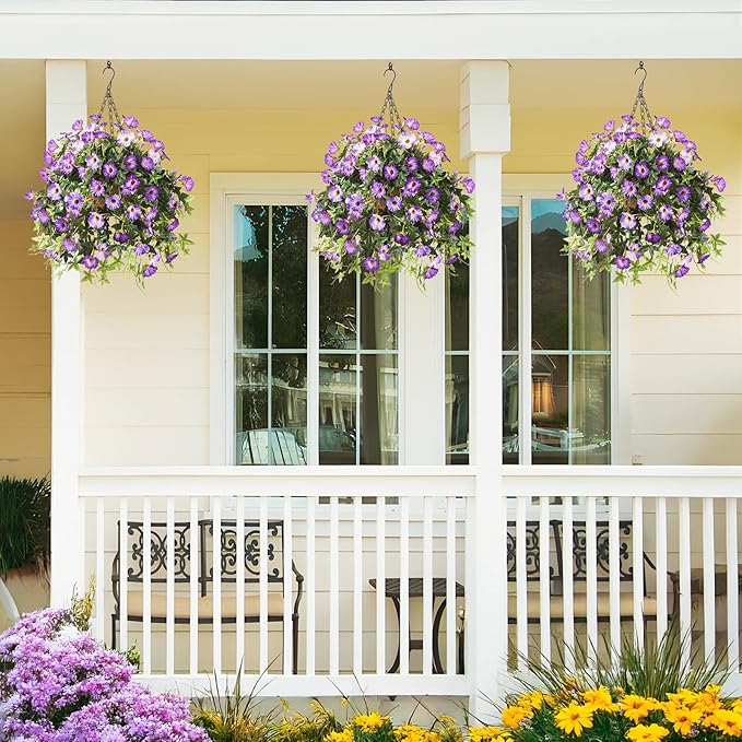 Artificial Fake Flowers Plants for Outdoors Spring Decoration, 2Pcs Faux Petunias with Greenery UV Resistant No Fade, Realistic Silk Flower for Outside Patio Planters Front Porch Window (Purple)