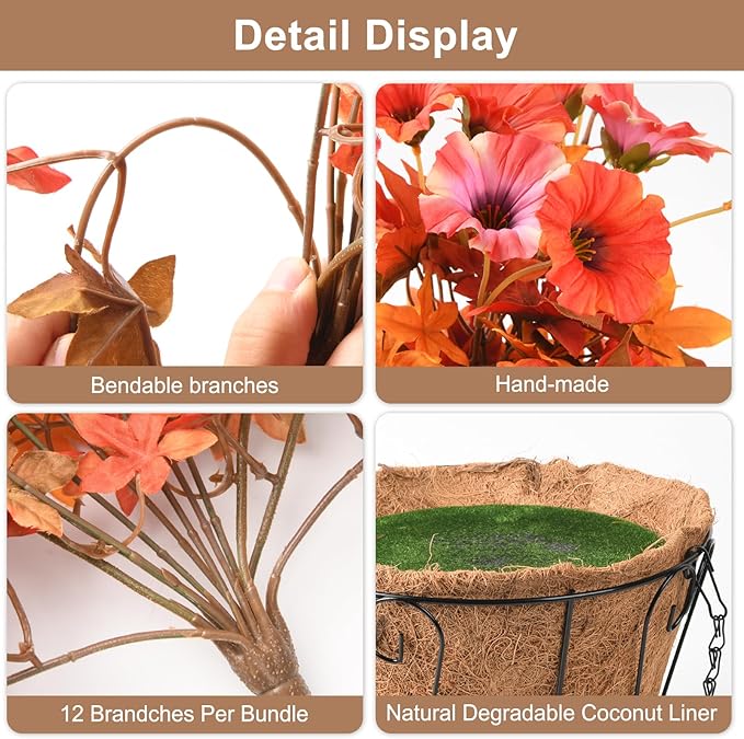 ZFProcess Artificial Flowers Hanging Basket Plants, Fake Petunias Fall Flower for Outdoor Decoration,Realistc Faux Silk Flower UV Resistant for Porch Patio Yard Garden Home Balcony (Double Orange)