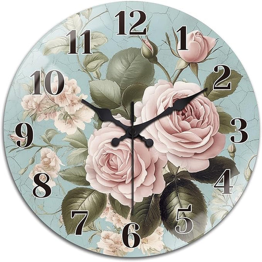 peacoblue Wall Clocks Battery Operated 12 Inch Roses Glass Round Wall Clock Non Ticking for Kitchen Living Room Dining Room Bedroom and Bathroom Decor Accessories (Battery not Included)