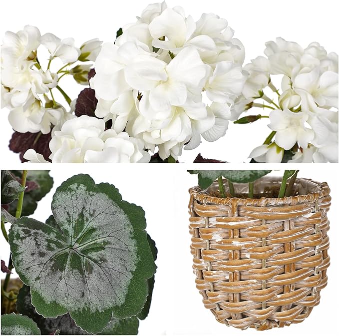 Briful Artificial White Geranium Flowers in Woven Basket, 11’’ Tall Silk Flower Arrangement, Realistic Geraniums Artificial Outdoor Plants for Home Indoor Farmhouse Table Wedding Centerpiece Decor