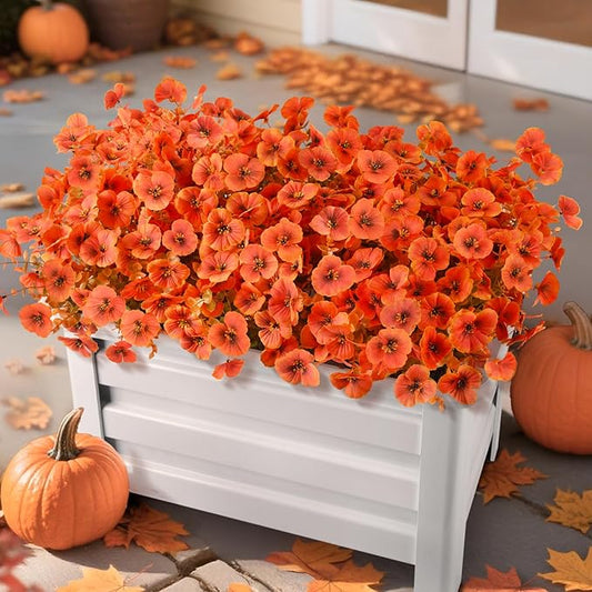 Artificial Fall Flowers for Outdoors Decoration, 12 Bundles Faux Pansies Fake Mums Flower Plants UV Resistant No Fade, Realistic Silk Pansy Look Real for Porch Planters Garden Patio Yard (Orange)