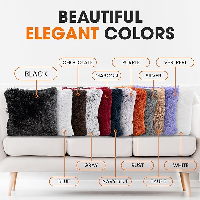 Cheer Collection Throw Pillows for Couch and Bed, Soft Shaggy Throw Pillows with Inserts Included, Cozy Long Hair Faux Fur Pillows - Set of 2-24" x 24" Black
