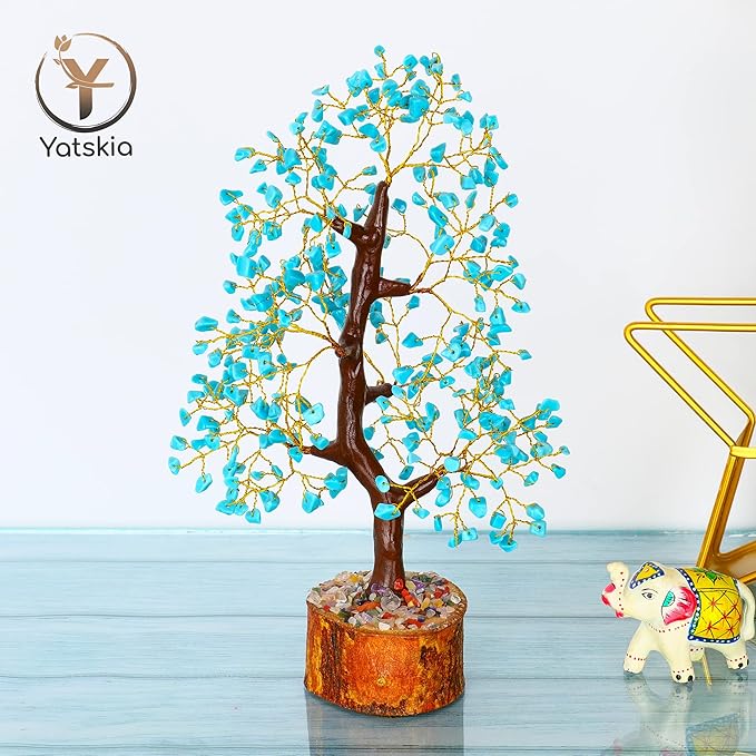 YATSKIA Turquoise Crystal Bonsai Tree Sculpture, Handmade 7 Chakra Healing Pendant Necklaces, Home Decor, Tabletop Display, 8x8x25cm, 1-2lbs