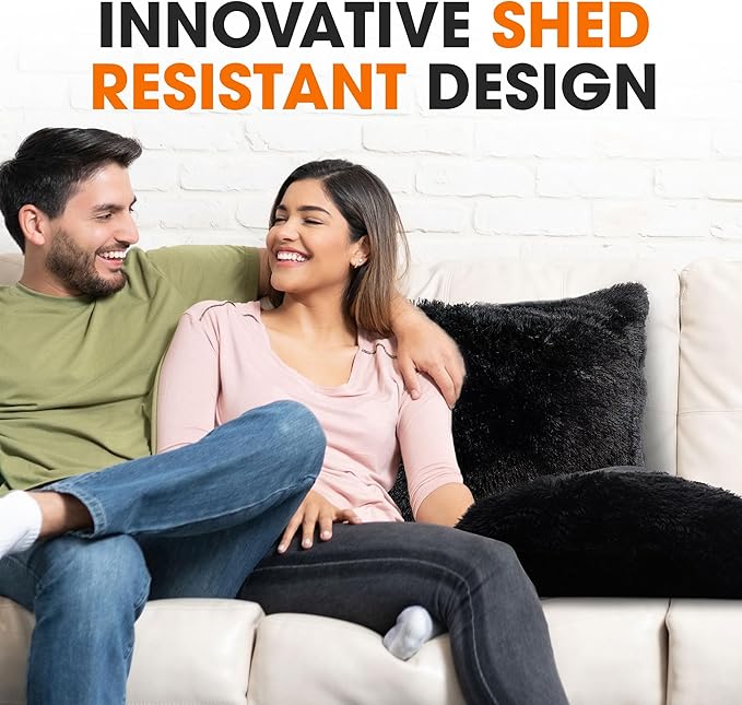 Cheer Collection Throw Pillows for Couch and Bed, Soft Shaggy Throw Pillows with Inserts Included, Cozy Long Hair Faux Fur Pillows - Set of 2-24" x 24" Black