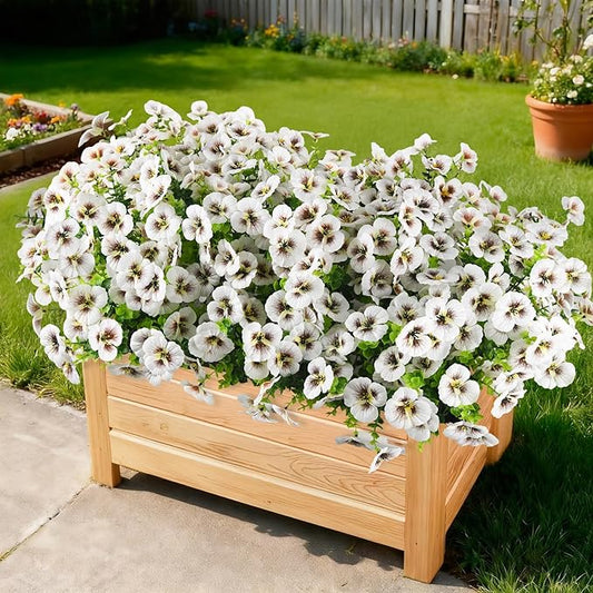 12 Bundles Realistic Artificial Flowers for Outdoor Home Spring Decorations, Faux Pansies Silk Detachable Fake Plants Moldable Eucalyptus Stems for Planters Pot Patio Window Box Cemetery (White)