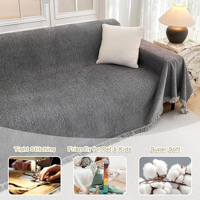MYSKY HOME Couch Cover Sofa Covers Couch Covers for 3 Cushion Couch Sofa Pet Friendly, L Shaped Sectional Couch Cover Non Slip Dogs Furniture Protector for Kids, Dogs, 91"x134", Dark Grey