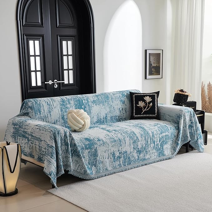 MYSKY HOME Couch Cover for Sectional Sofa Set Sage Geometric Furniture Sofa Cover Washable for Dog Cat Pets Couch Cover 3 Seat Sofa Chenille Couch Protector Multi-Use Couch Cover Blanket, 71" X134"