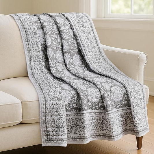 Levtex Home Adare Grey Quilted Throw - (50x60in.) - Floral - Grey White - Reversible - Cotton
