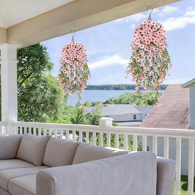 AmberFun Artificial Hanging Flowers for Outdoors, UV Resistant 2PCS Fake Silk Flowers for Outside, Realistic Faux Plants for Hanging Baskets, Planters - Porch, Patio, Yard Décor (Pink)