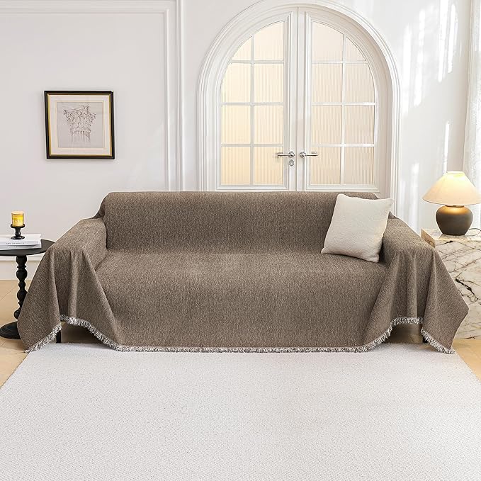 MYSKY HOME Couch Cover for Sofa Couch Covers for Pets, Non Slip Dogs Furniture Protector with Tassels for Living Room Non Slip Washable Furniture Protector Cover for Pet, Cat, 91"x118", Sand