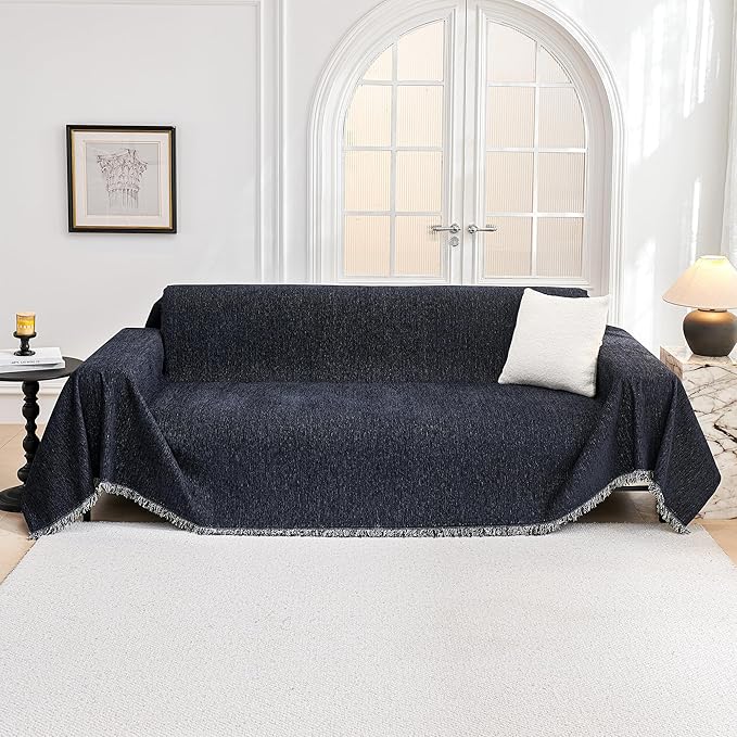 MYSKY HOME Couch Cover for Dogs, Washable Couch Covers for 3 Cushion Couch Sofa, Super Soft Chenille Sofa Slipcover, Non Slip, Furniture Protector, 71"x150", Navy Blue