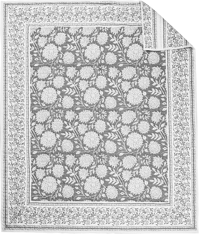 Levtex Home Adare Grey Quilted Throw - (50x60in.) - Floral - Grey White - Reversible - Cotton