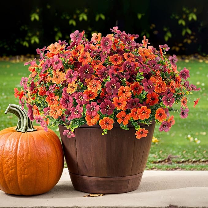 Fall Mums Artificial Flowers for Outdoors Potted, 12 Bundles Fake Fall Daisy Flower with Realistic Eucalyptus Leaves, Fake Plants for Greenery Boxwood Porch Patio Garden Pot Courtyard(Orange Brown)