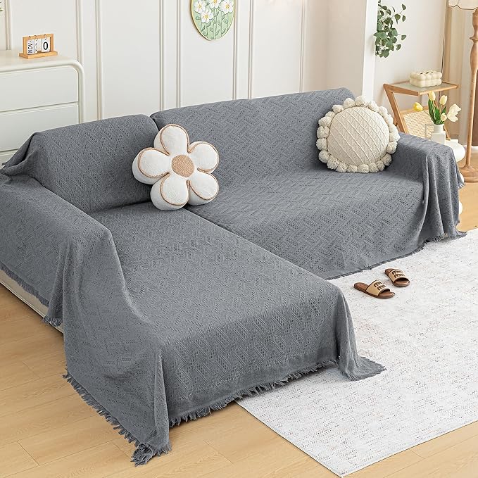 MYSKY HOME Couch Cover for Sectional Sofa, 2 Pieces Couch Covers for L Shape Sofa Geometrical Sofa Slipcovers for 2-3 Cushion Washable Throws for Pets, Kids (71"x102"+71"x118", Frost Grey)