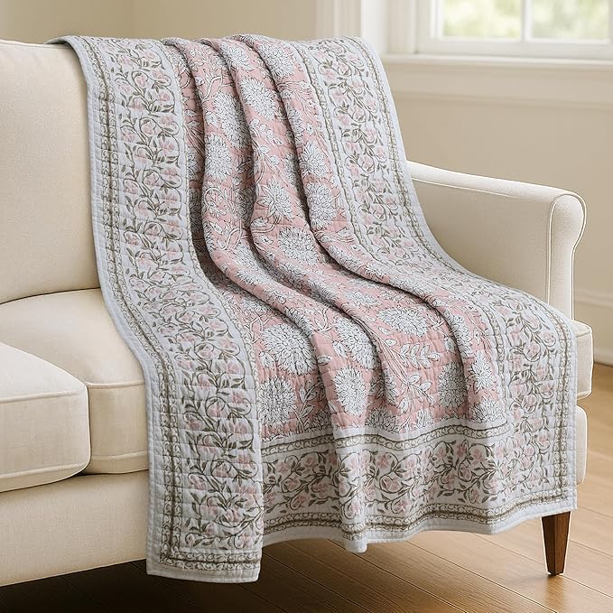 Levtex Home Adare Blush Quilted Throw - (50x60in.) - Floral - Blush White - Reversible - Cotton