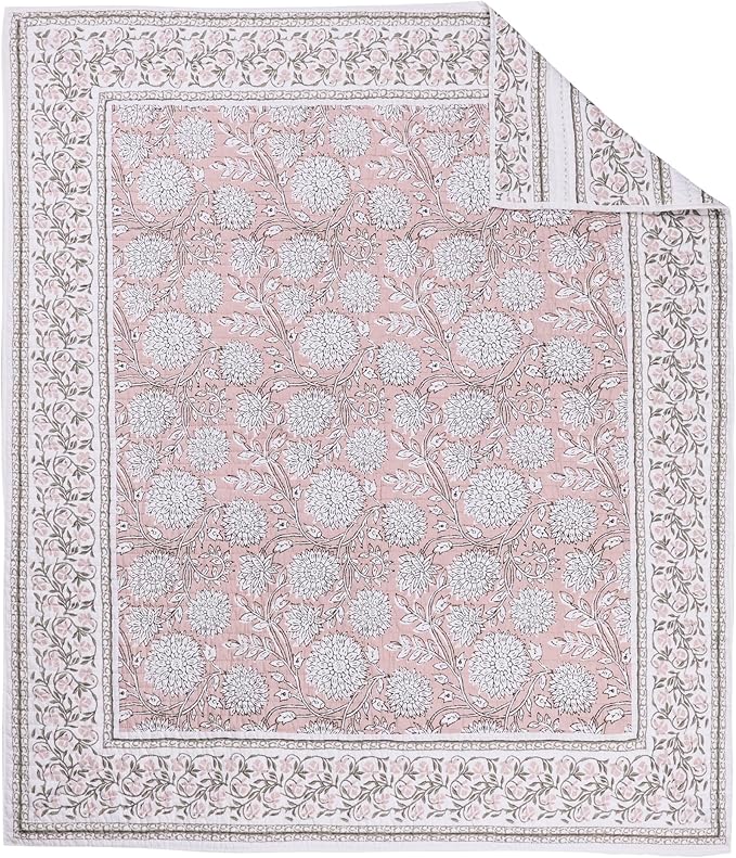 Levtex Home Adare Blush Quilted Throw - (50x60in.) - Floral - Blush White - Reversible - Cotton