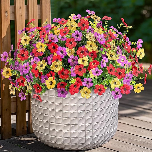 Artificial Flowers for Outdoors Potted Spring Decor, 12 Bundles Fake Summer Daisy with Realistic Eucalyptus Leaves, Faux Plants for Greenery Boxwood Porch Patio Garden Pot Lawn(Red Purple Yellow)