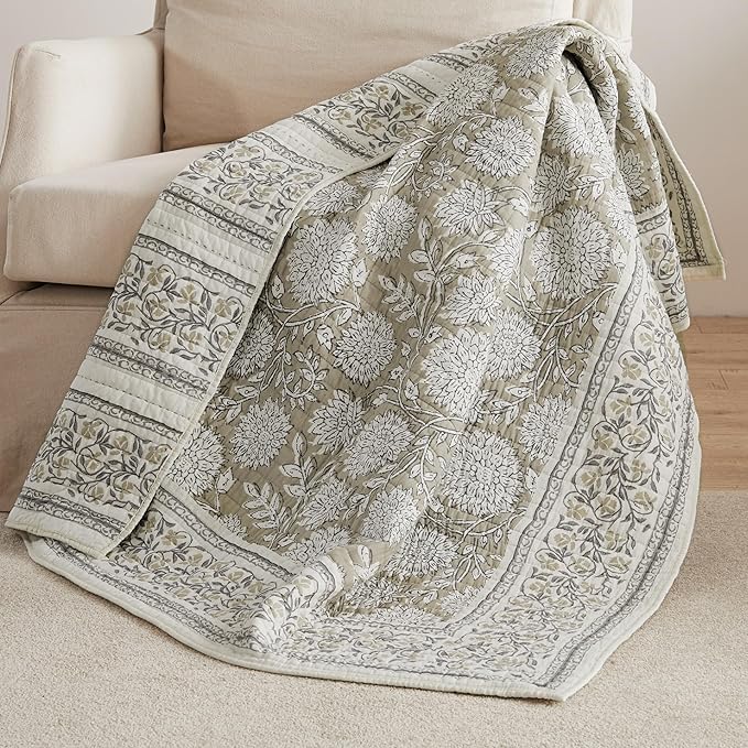Levtex Home - Adare Taupe - Throw - Bordered Floral - Taupe, Grey and Cream -Quilted Throw (50x60in.) - Cotton