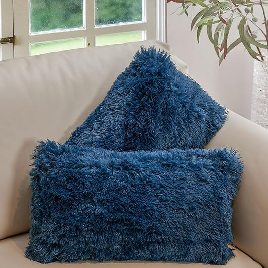 Cheer Collection Throw Pillows for Couch and Bed, Soft Shaggy Throw Pillows with Inserts Included, Cozy Long Hair Faux Fur Pillows - Set of 2-12" x 20" - Navy Blue