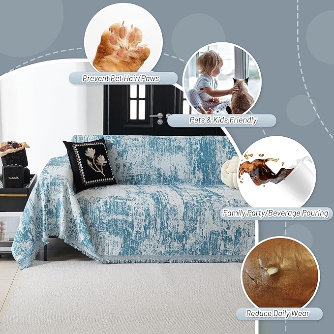 MYSKY HOME Couch Cover for Sectional Sofa Set Sage Geometric Furniture Sofa Cover Washable for Dog Cat Pets Couch Cover 3 Seat Sofa Chenille Couch Protector Multi-Use Couch Cover Blanket, 71" X134"