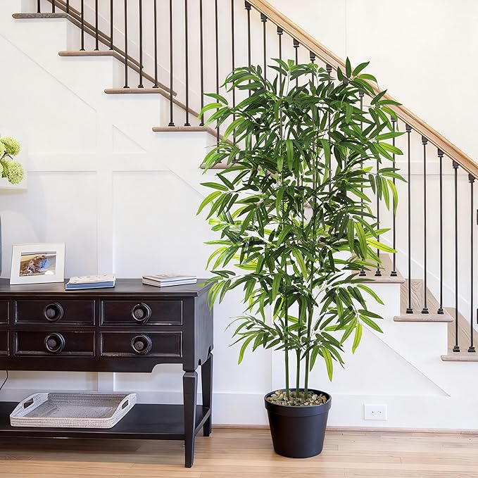 TXABL Artificial Tree Fake Plants, Artificial Bamboo Tree 5FT Tall in Black Potted, Artificial Tree Indoor Decor Bamboo Silk Tree with Natural Wood Trunk, for Home Office Living Room Modern