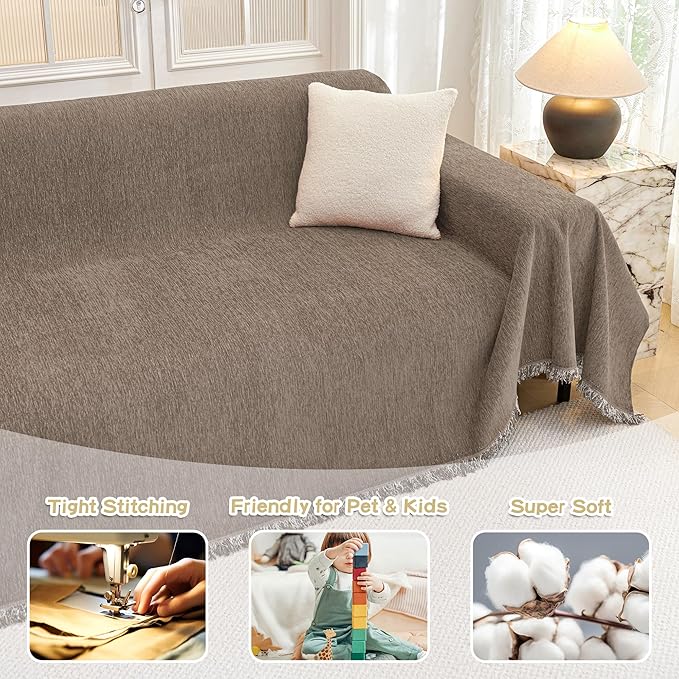 MYSKY HOME Couch Cover Sofa Covers Couch Covers for 3 Cushion Couch Sofa Pet Friendly, L Shaped Couch Cover Sectional Couch Covers Non Slip Dogs Furniture Protector for Kids, Dogs, 91"x134", Sand