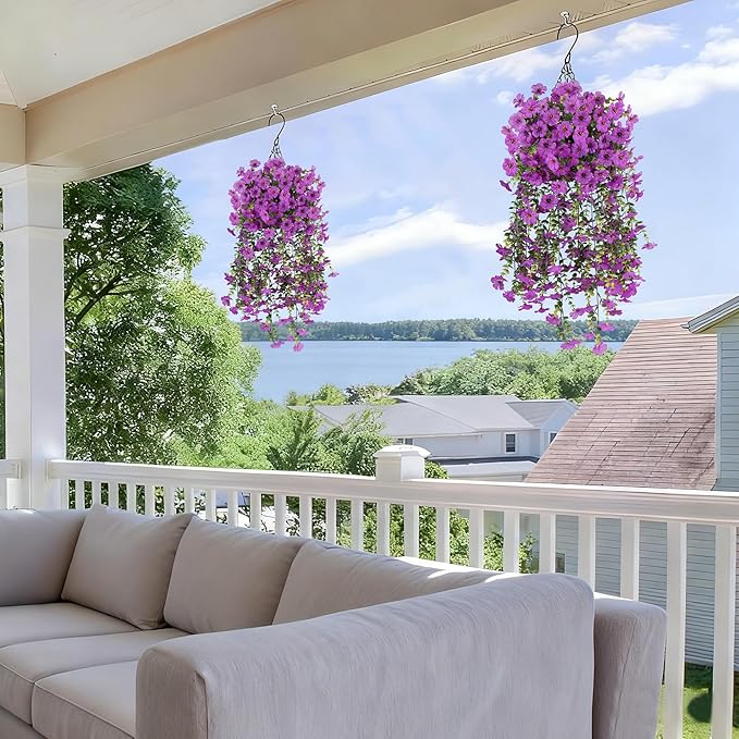 AmberFun 2PCS Artificial Flowers for Outdoors, UV Resistant Fake Silk Flowers for Outside, Realistic Faux Plants for Hanging Baskets, Planters - Porch, Patio, Garden Décor (Purple)