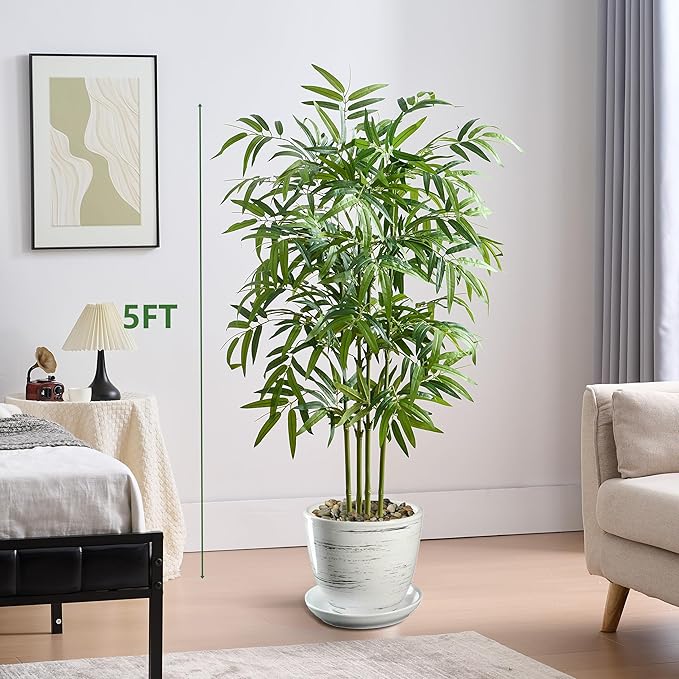 Artificial Bamboo Tree 5FT Tall Fake Plants Faux Silk Plant, Faux Bamboo Plant for Home Office Indoor Outdoor Decor Artificial Trees with Tall Planter