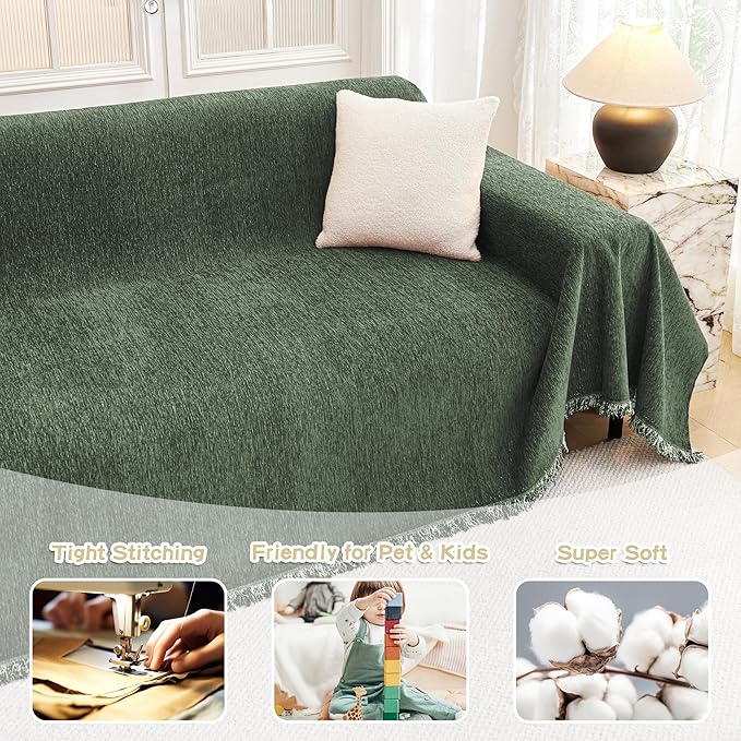 MYSKY HOME Couch Cover for Sofa Couch Covers for Pets, Non Slip Dogs Furniture Protector with Tassels for Living Room Non Slip Washable Furniture Protector Cover for Pet, Cat, 91"x118", Moss Green