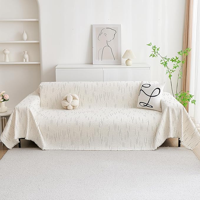 MYSKY HOME Couch Cover for Dogs, Sectional Couch Cover, Beige Lines Sofa Covers for Sectional Sofa L Shape Chenille Couch Protector for Dogs Pets Couch Covers Washable Soft Throw, 71" X118"