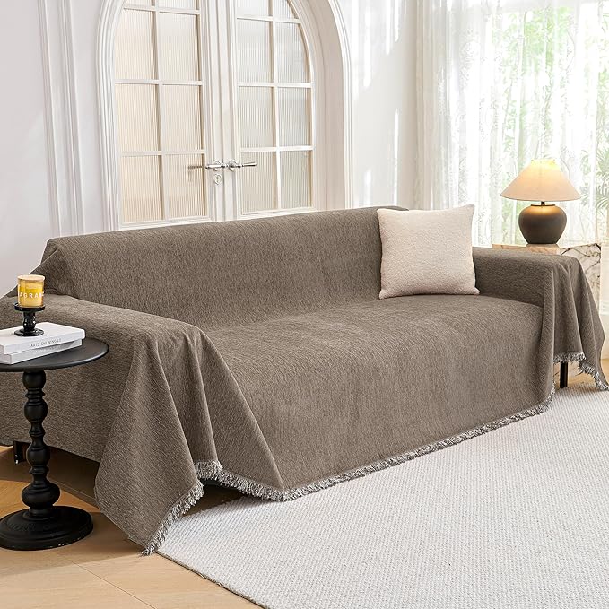 MYSKY HOME Couch Cover for Dogs, Washable Couch Covers, Non Slip Couch Sofa Cover, Couch Cover 2 Cushion Sofa Dogs Furniture Protector with Tassels Chenille Sofa Covers for Pets, 71"x118", Sand