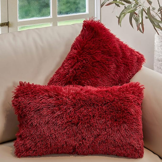 Cheer Collection Throw Pillows for Couch and Bed, Soft Shaggy Throw Pillows with Inserts Included, Cozy Long Hair Faux Fur Pillows - Set of 2-12" x 20" - Maroon
