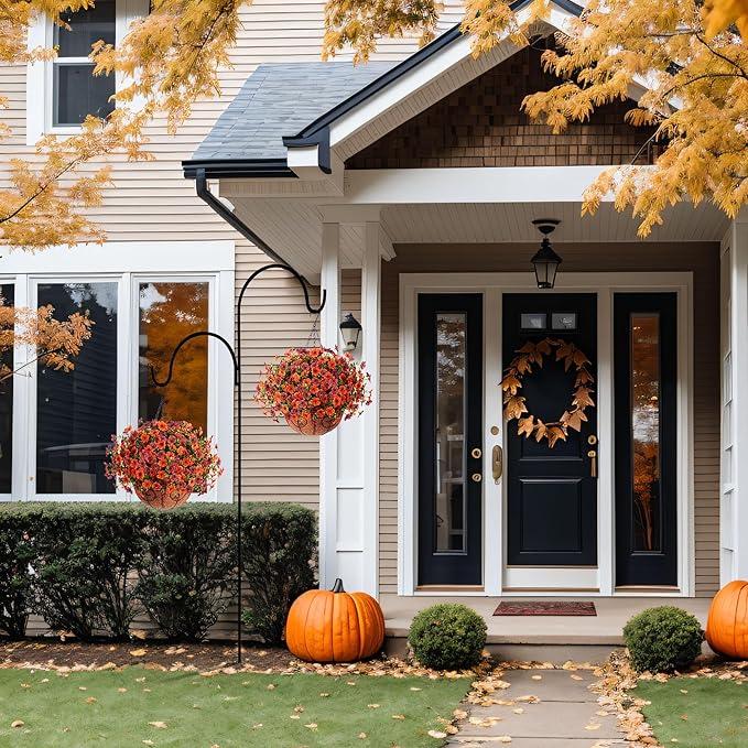 Fall Mums Artificial Flowers for Outdoors Potted, 12 Bundles Fake Fall Daisy Flower with Realistic Eucalyptus Leaves, Fake Plants for Greenery Boxwood Porch Patio Garden Pot Courtyard(Orange Brown)