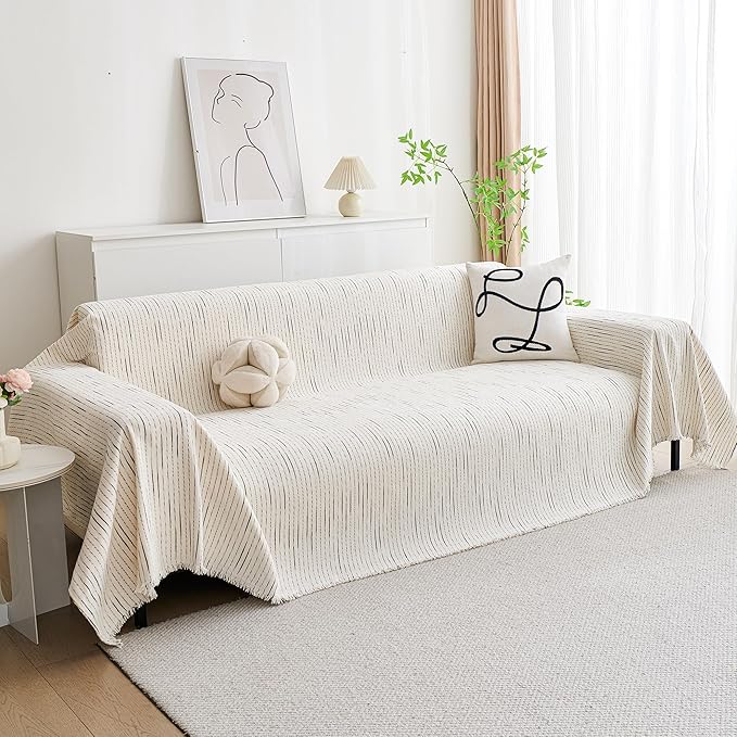 MYSKY HOME Couch Cover for Dogs, Sectional Couch Cover, Beige Lines Sofa Covers for Sectional Sofa L Shape Chenille Couch Protector for Dogs Pets Couch Covers Washable Soft Throw, 71" X118"