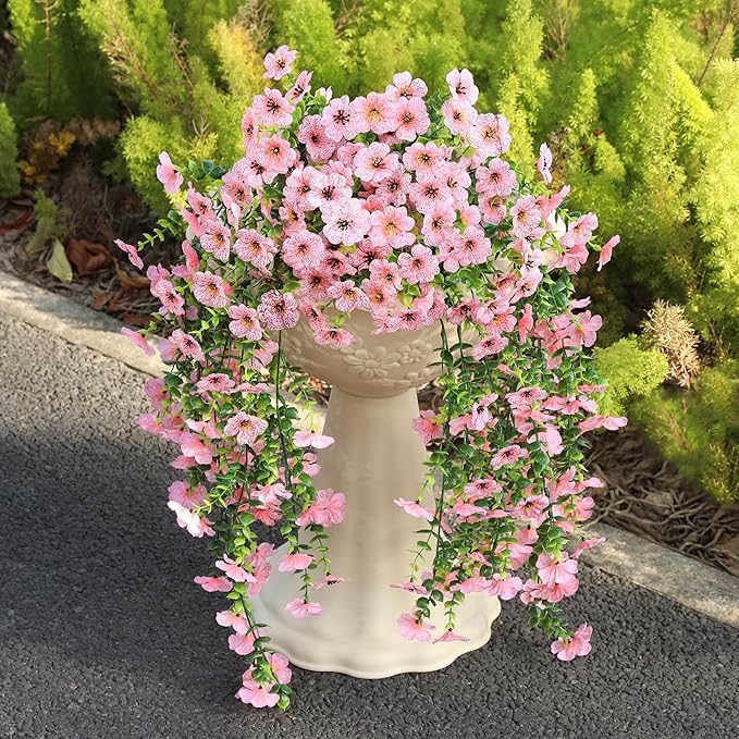 AmberFun Artificial Hanging Flowers for Outdoors, UV Resistant 2PCS Fake Silk Flowers for Outside, Realistic Faux Plants for Hanging Baskets, Planters - Porch, Patio, Yard Décor (Pink)