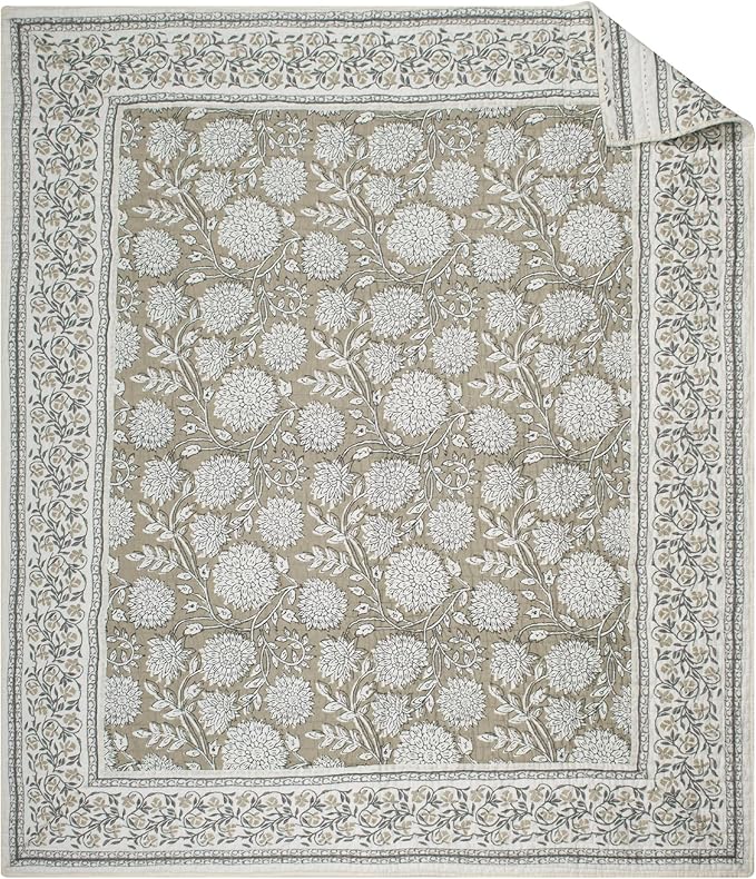 Levtex Home - Adare Taupe - Throw - Bordered Floral - Taupe, Grey and Cream -Quilted Throw (50x60in.) - Cotton