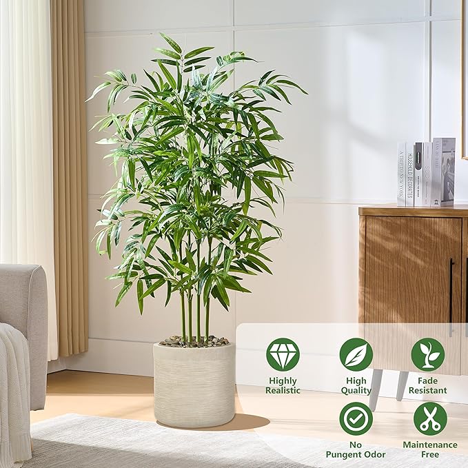 Artificial Bamboo Tree 5FT Tall Fake Plants Faux Silk Plant, Faux Bamboo Plant for Home Office Indoor Outdoor Decor Artificial Trees with Tall Planter